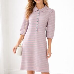 Buru Womens Striped Collared Puff Sleeve Shirt Dress Pockets Comfort Casual Sz S